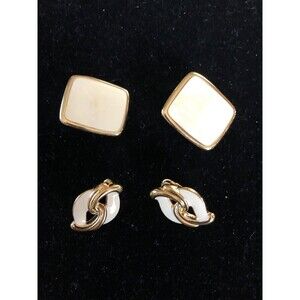 Vintage Gold Tone And Cream Enamel Clip On Earrings Signed 2 Pair